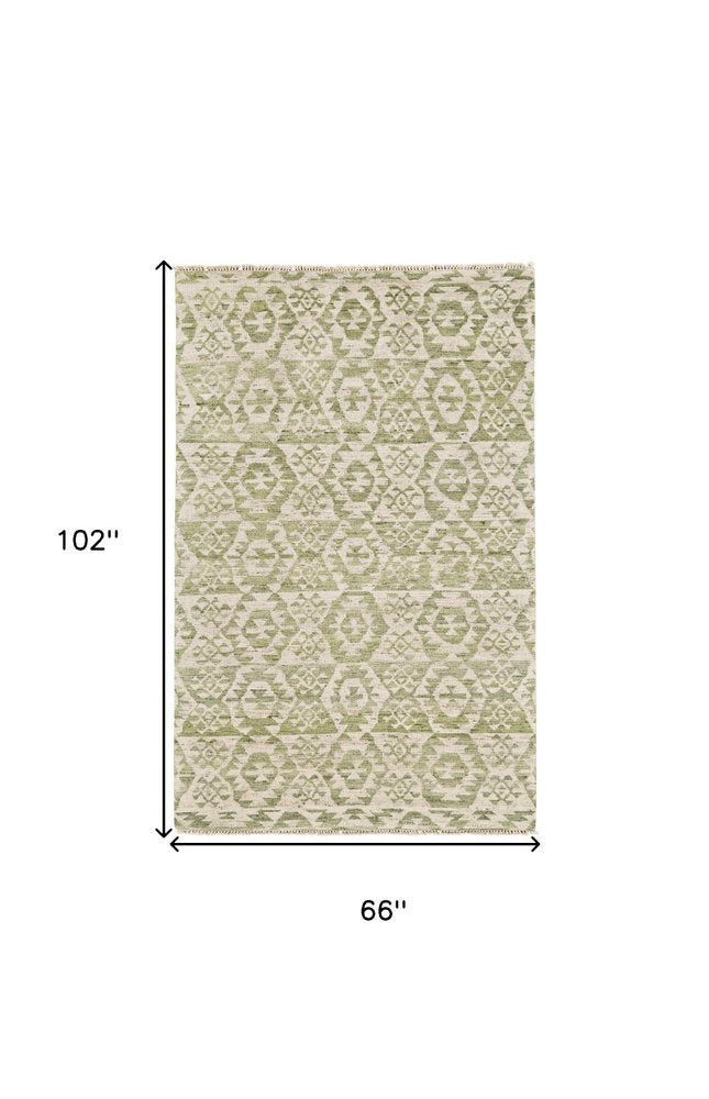 6' X 9' Green and Ivory Wool Southwestern Hand Knotted Area Rug