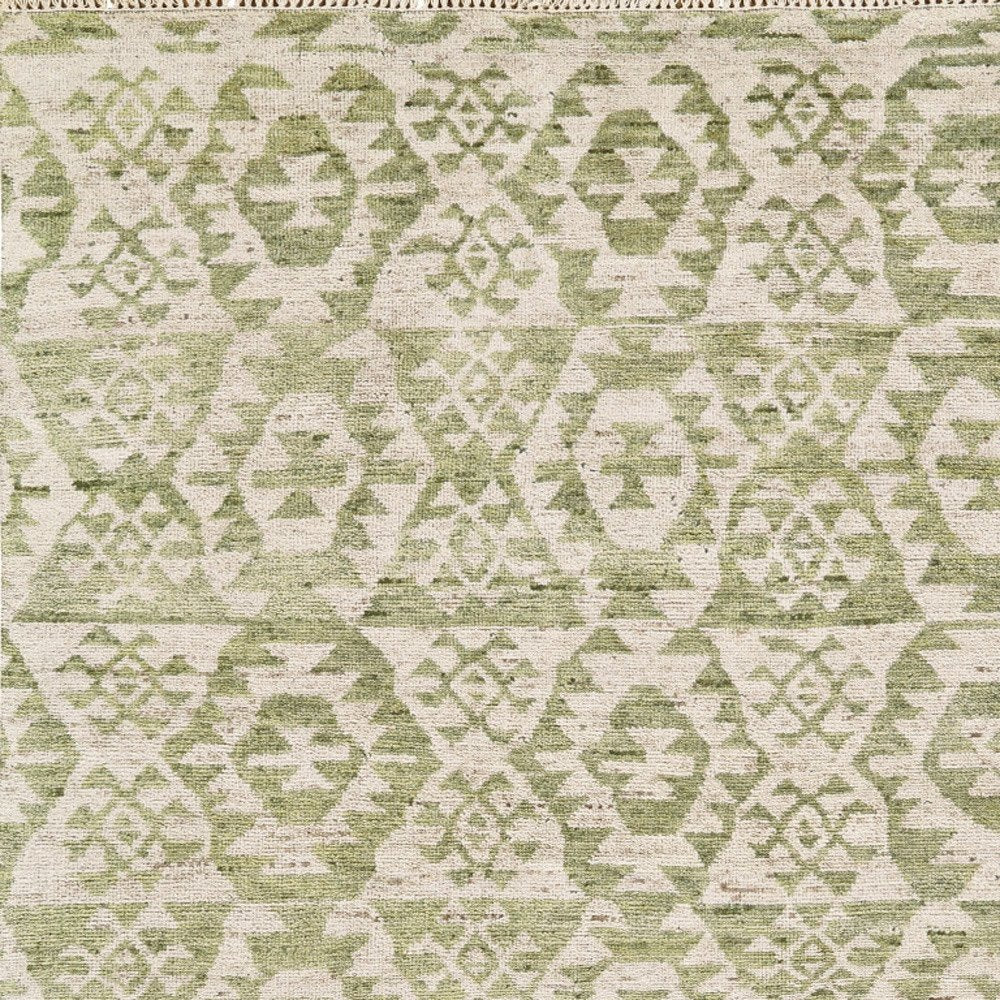 6' X 9' Green and Ivory Wool Southwestern Hand Knotted Area Rug