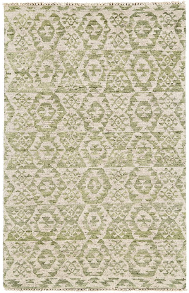 6' X 9' Green and Ivory Wool Southwestern Hand Knotted Area Rug