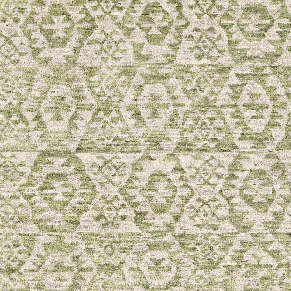 6' X 9' Green and Ivory Wool Southwestern Hand Knotted Area Rug