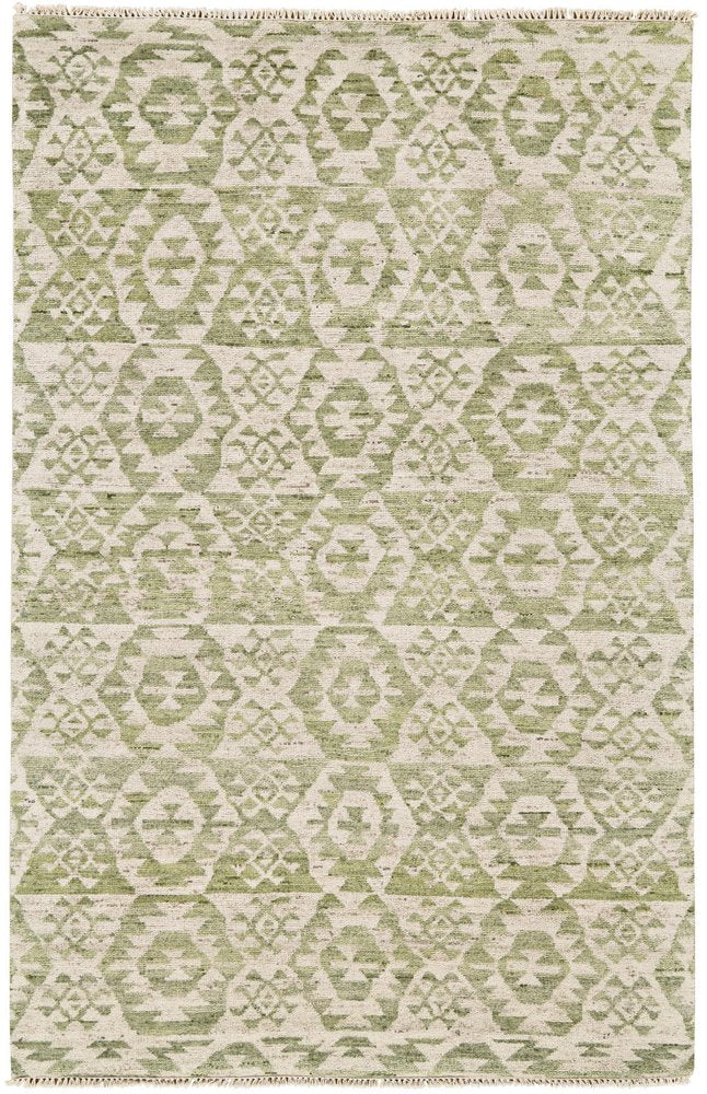 6' X 9' Green and Ivory Wool Southwestern Hand Knotted Area Rug