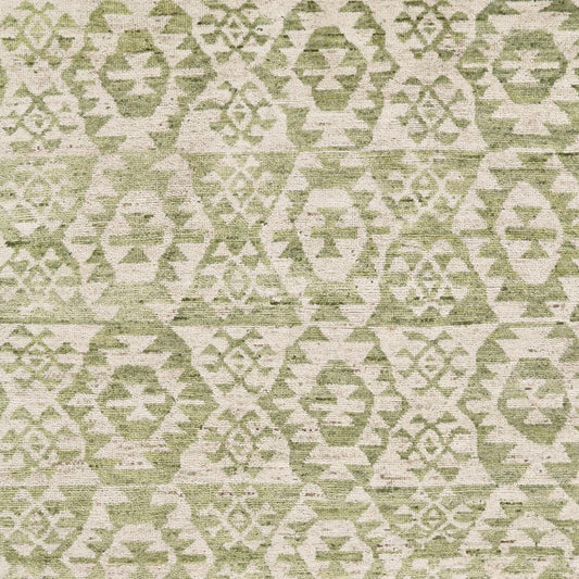 6' X 9' Green and Ivory Wool Southwestern Hand Knotted Area Rug