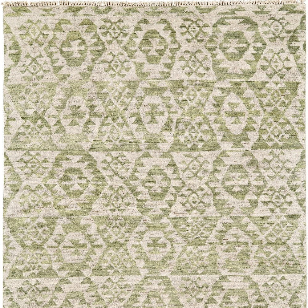 6' X 9' Green and Ivory Wool Southwestern Hand Knotted Area Rug