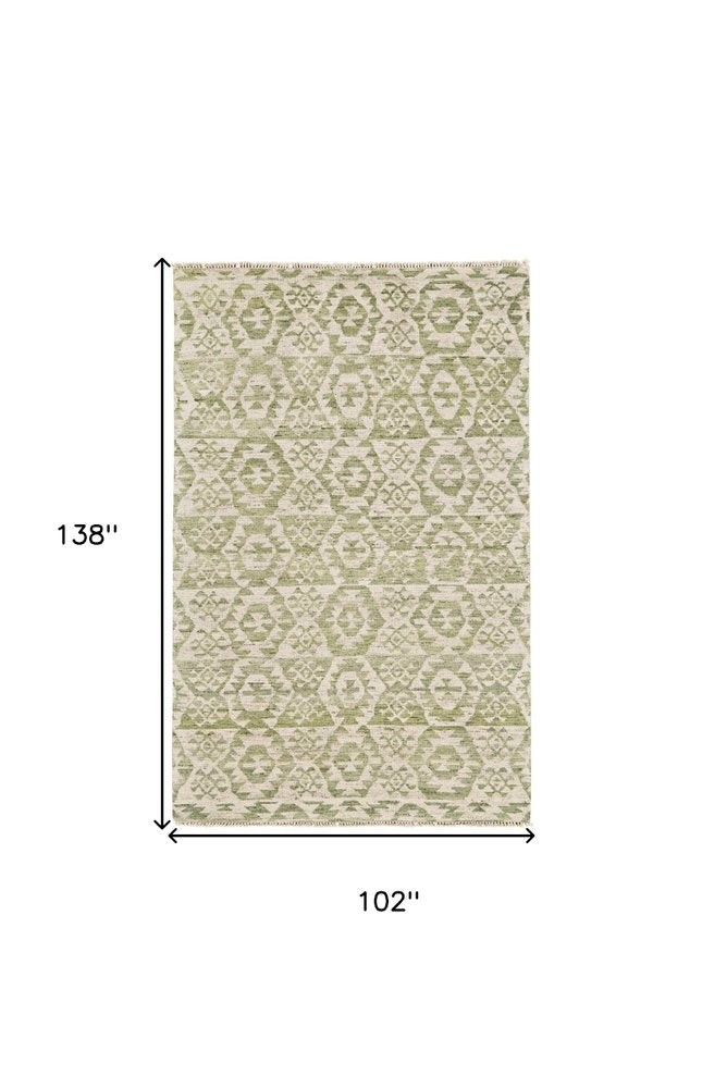 6' X 9' Green and Ivory Wool Southwestern Hand Knotted Area Rug