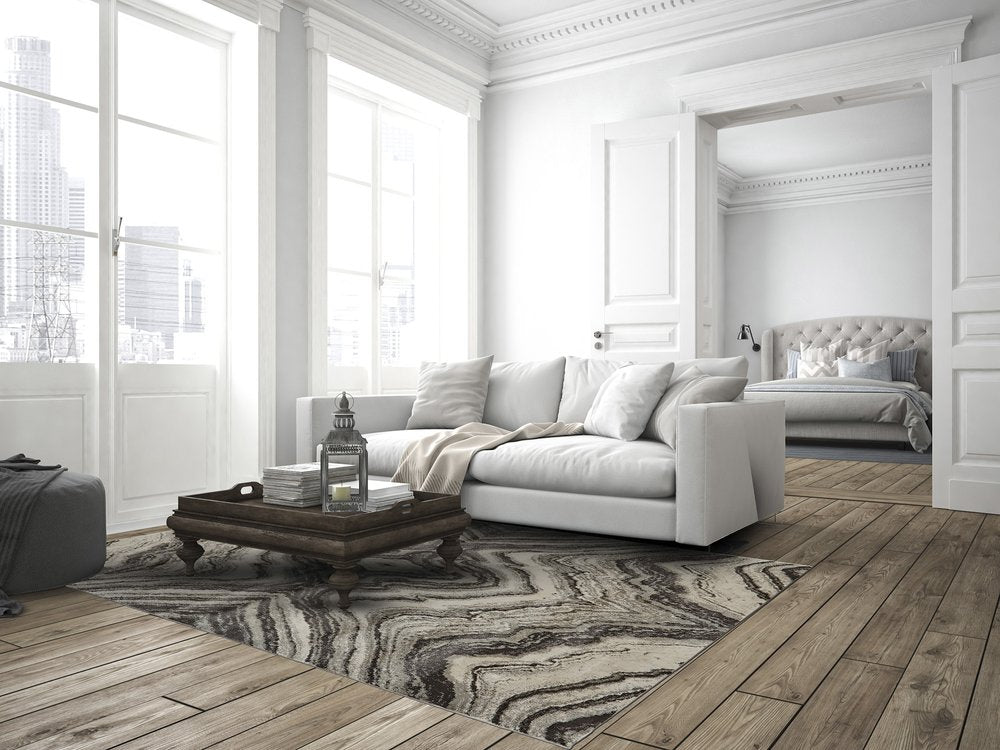 7' X 10' Ivory Gray and Tan Abstract Power Loom Area Rug