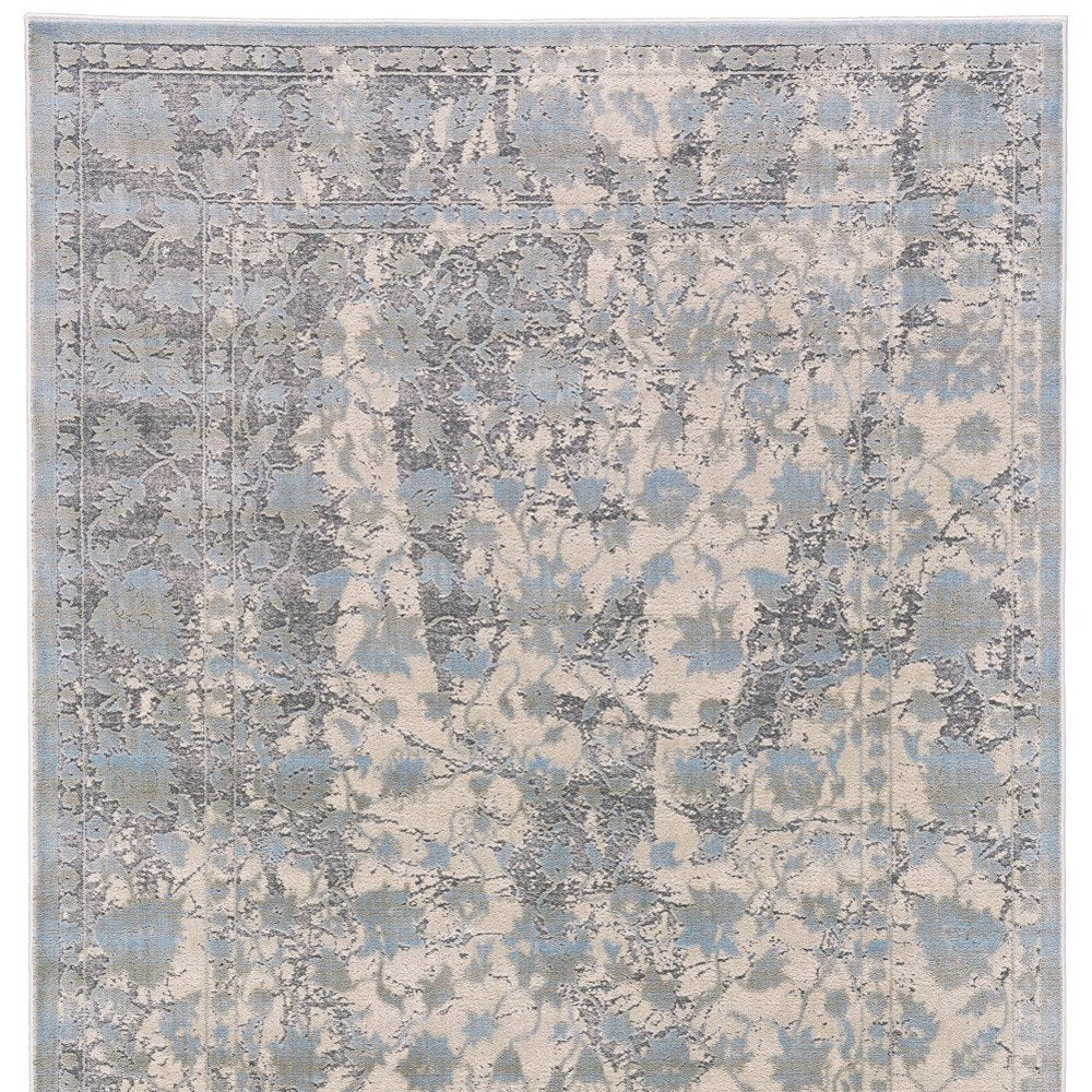 10' X 13' Ivory Taupe and Blue Abstract Power Loom Worn Faded Area Rug