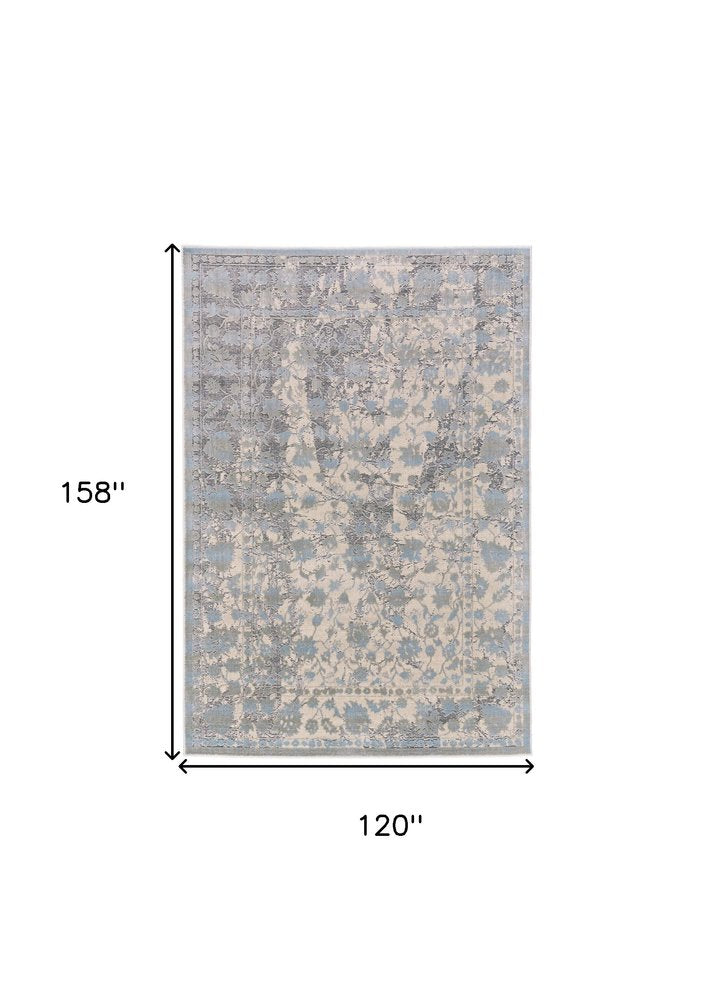 10' X 13' Ivory Taupe and Blue Abstract Power Loom Worn Faded Area Rug