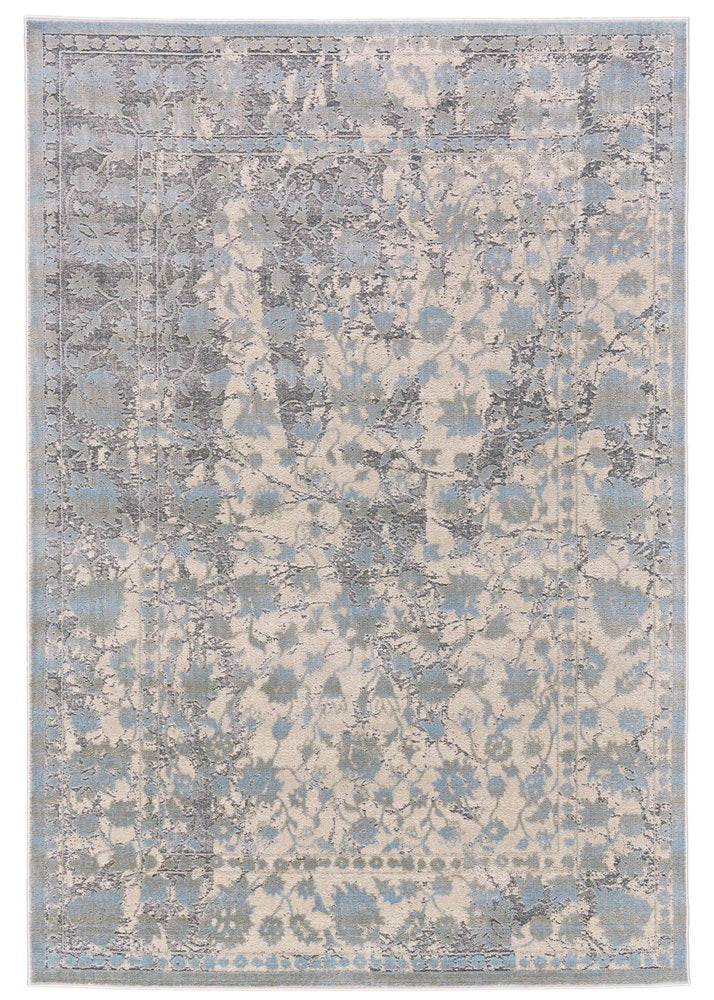 10' X 13' Ivory Taupe and Blue Abstract Power Loom Worn Faded Area Rug