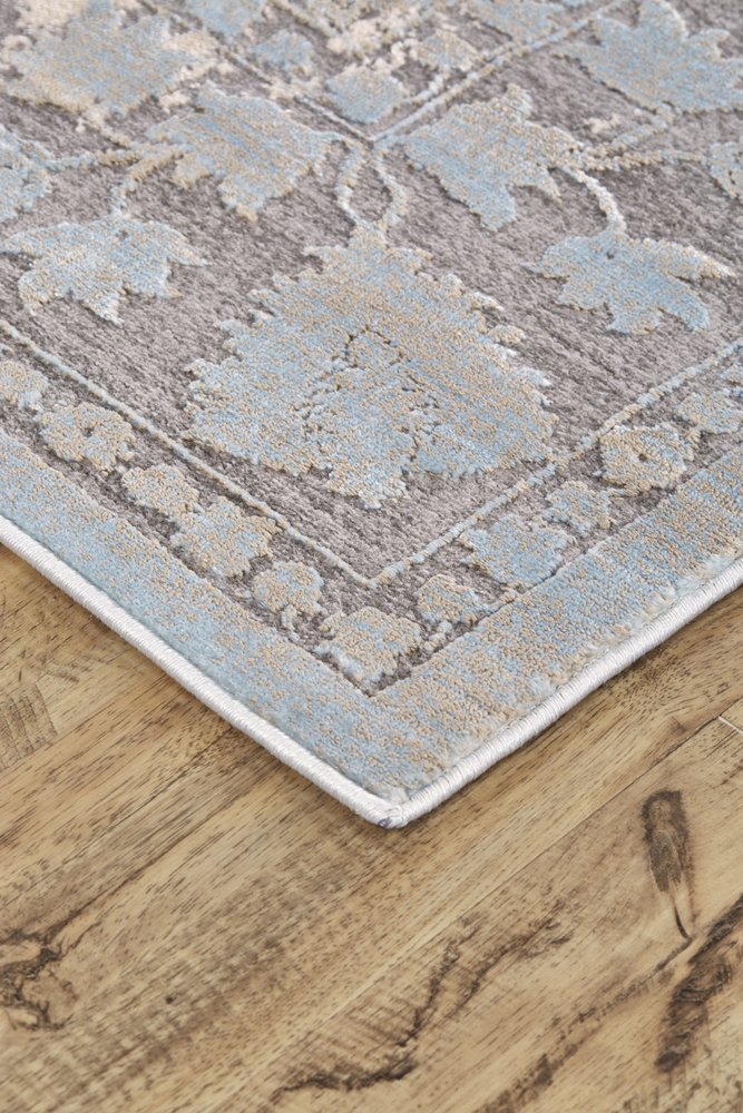 10' X 13' Ivory Taupe and Blue Abstract Power Loom Worn Faded Area Rug