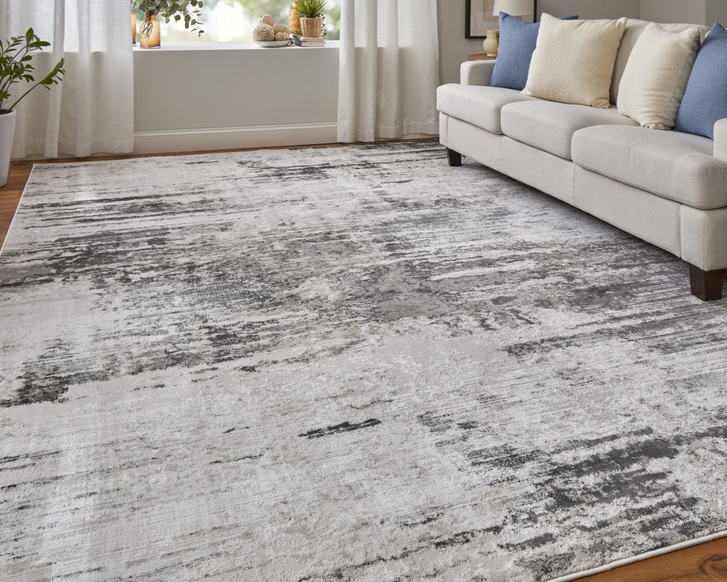 10' X 13' Gray Ivory and Taupe Abstract Power Loom Worn Faded Area Rug