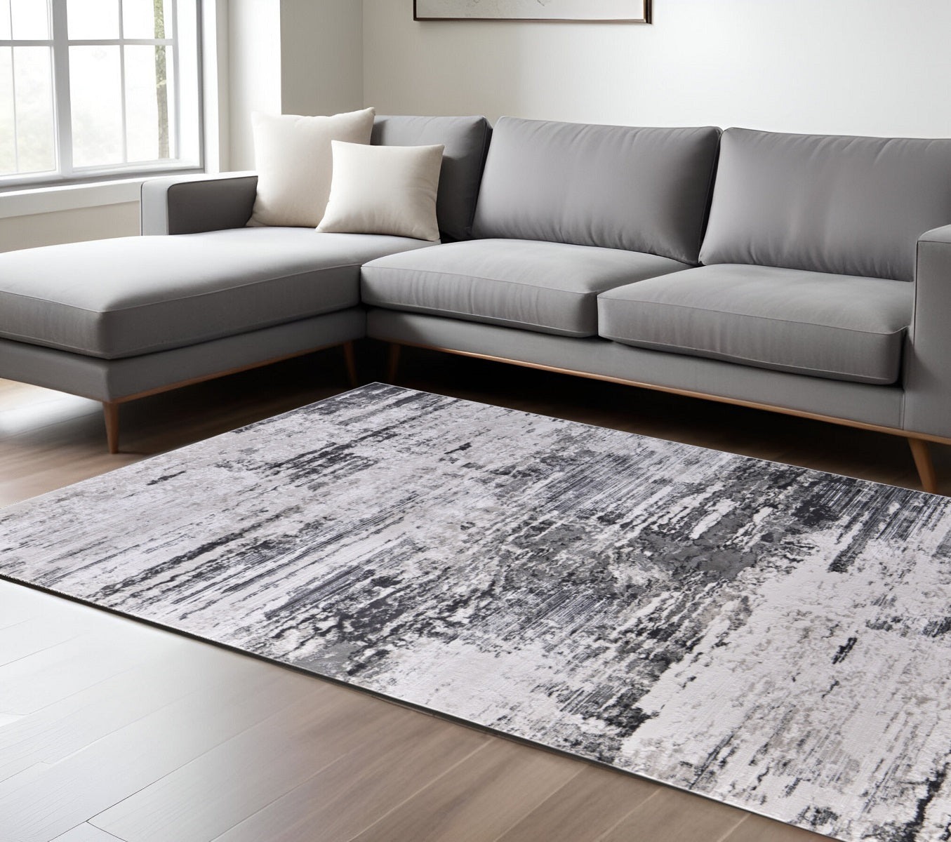 10' X 13' Gray Ivory and Taupe Abstract Power Loom Worn Faded Area Rug