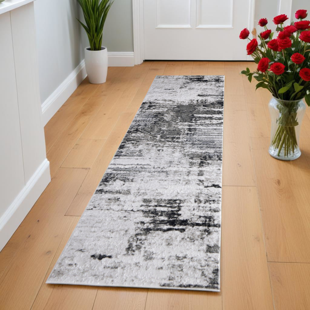 10' X 13' Gray Ivory and Taupe Abstract Power Loom Worn Faded Area Rug