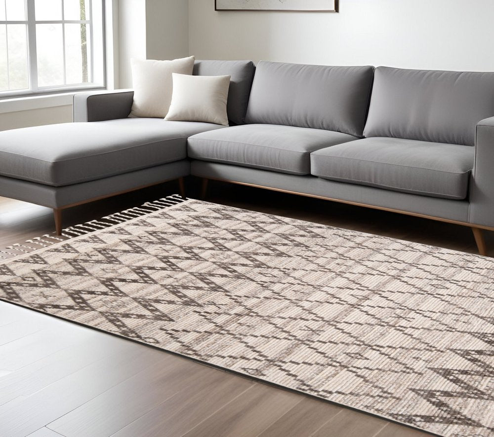 8' X 12' Taupe and Ivory Wool Geometric Hand Knotted Area Rug