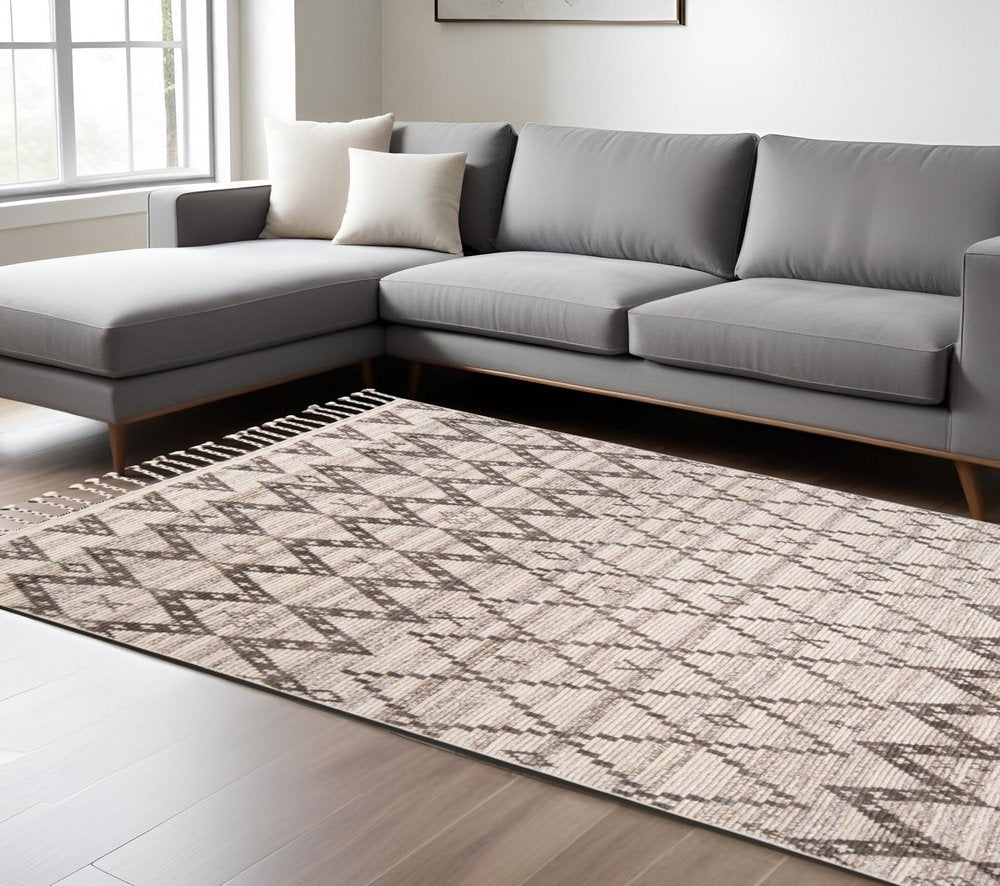 8' X 12' Taupe and Ivory Wool Geometric Hand Knotted Area Rug