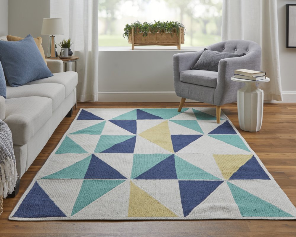 5' X 8' Blue Ivory and Yellow Geometric Power Loom Area Rug