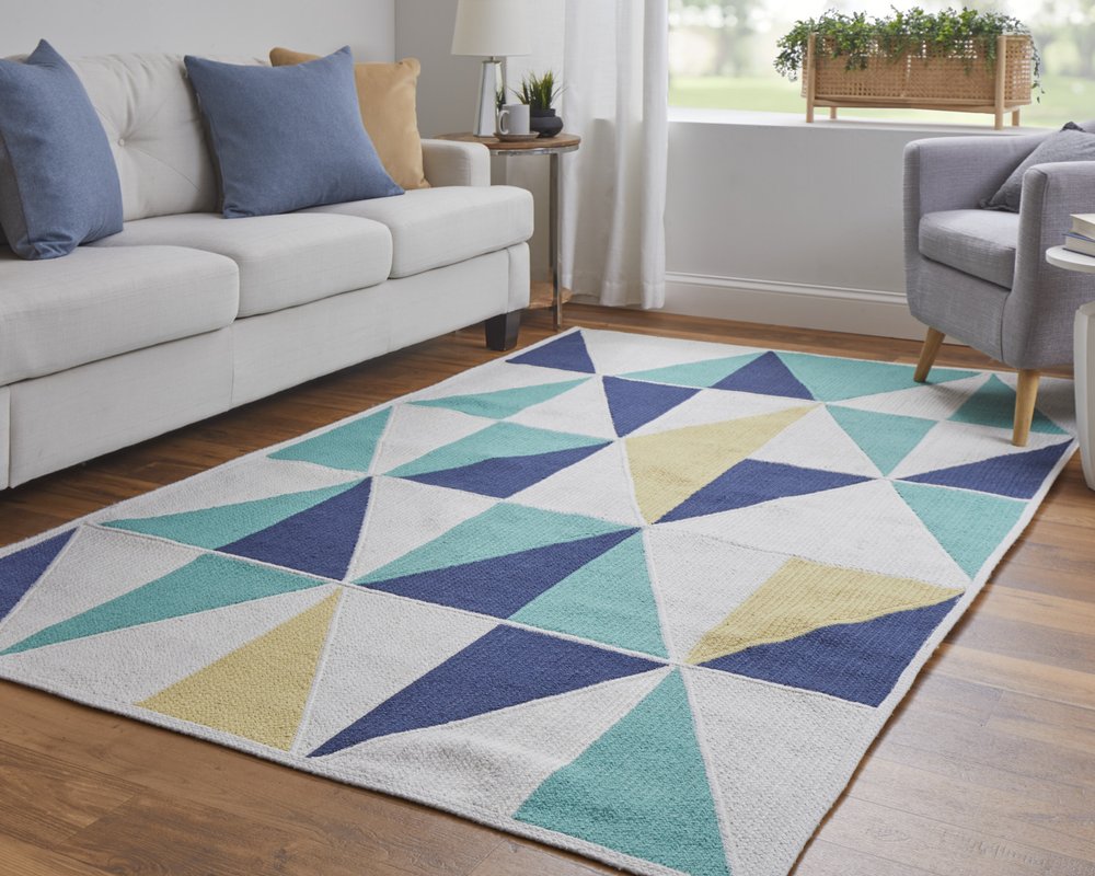 5' X 8' Blue Ivory and Yellow Geometric Power Loom Area Rug