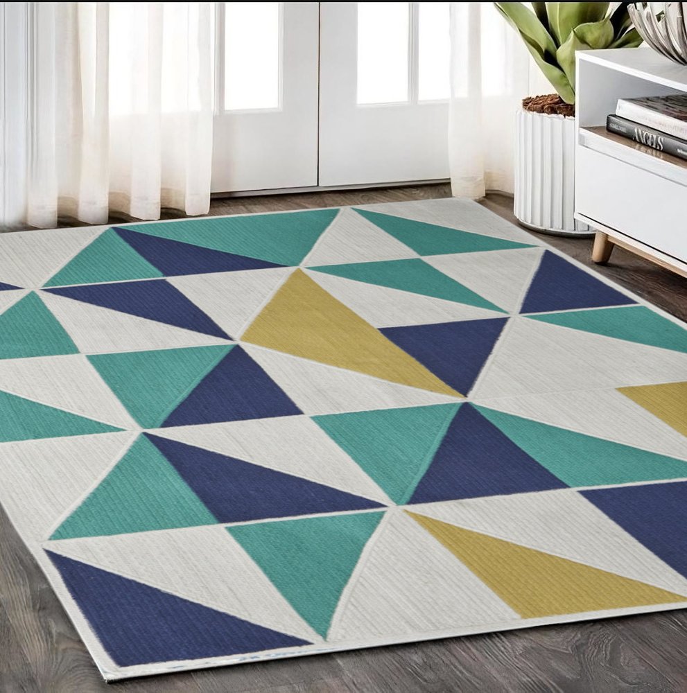 5' X 8' Blue Ivory and Yellow Geometric Power Loom Area Rug
