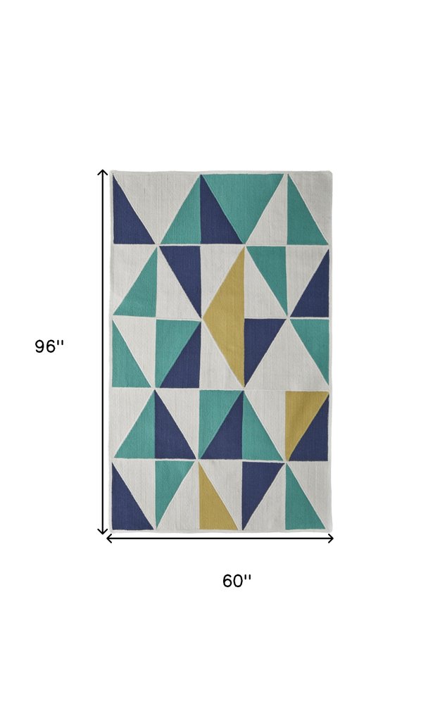 5' X 8' Blue Ivory and Yellow Geometric Power Loom Area Rug