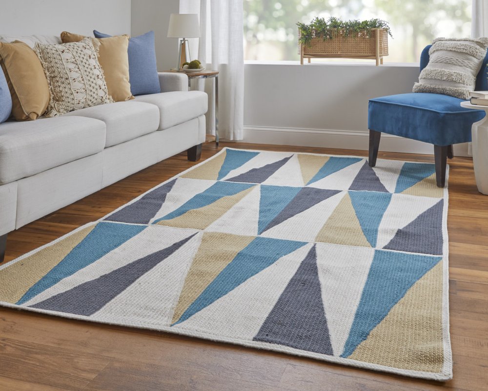 5' X 8' Blue Ivory and Gold Geometric Power Loom Area Rug