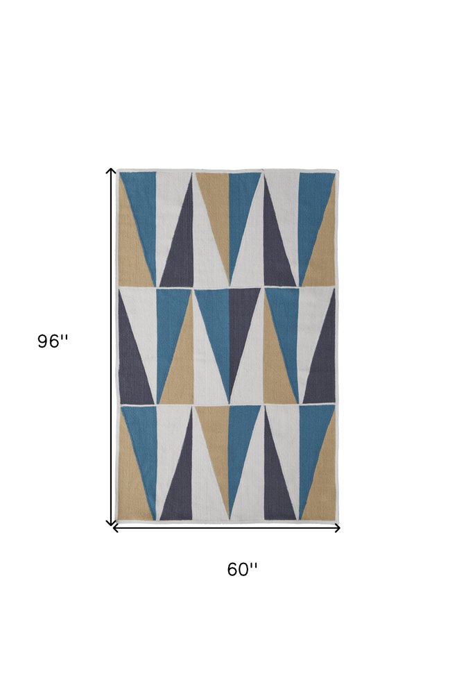 5' X 8' Blue Ivory and Gold Geometric Power Loom Area Rug