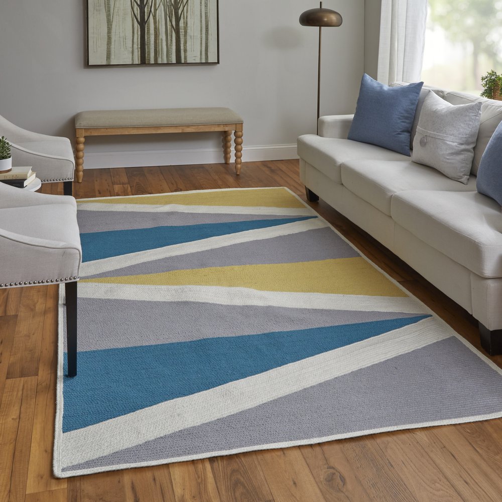 5' X 8' Blue Gray and Yellow Geometric Power Loom Area Rug
