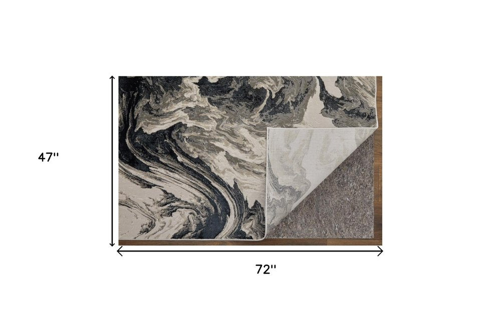 5' X 8' Ivory Black and Taupe Abstract Power Loom Area Rug