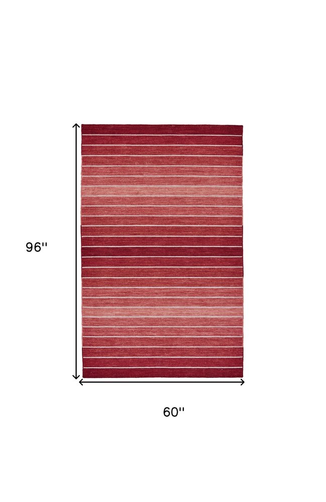 5' X 8' Red Wool Striped Hand Woven Area Rug