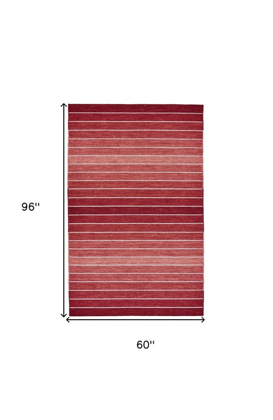 5' X 8' Red Wool Striped Hand Woven Area Rug