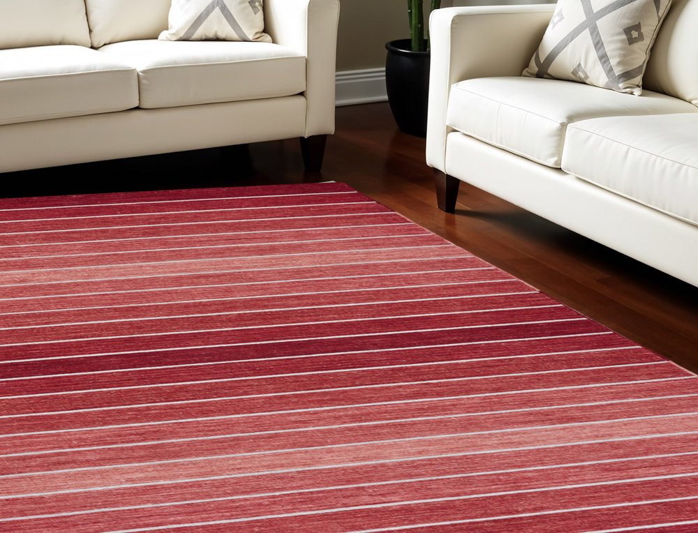 5' X 8' Red Wool Striped Hand Woven Area Rug