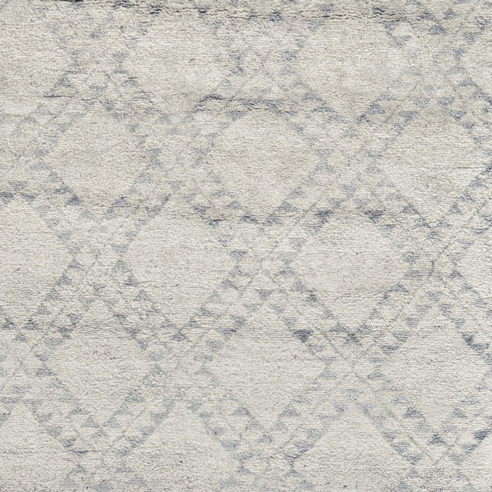 6' X 9' Gray and Ivory Geometric Hand Knotted Worn Faded Area Rug