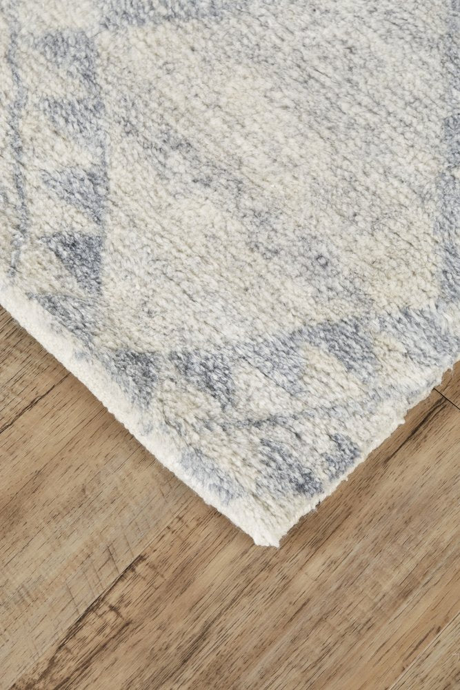 6' X 9' Gray and Ivory Geometric Hand Knotted Worn Faded Area Rug