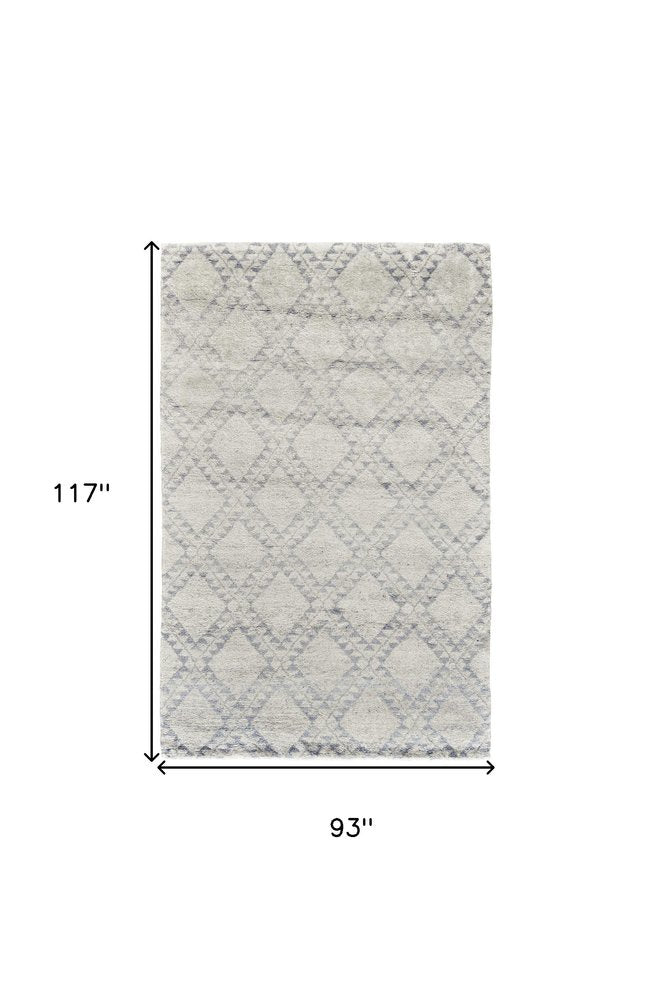 6' X 9' Gray and Ivory Geometric Hand Knotted Worn Faded Area Rug