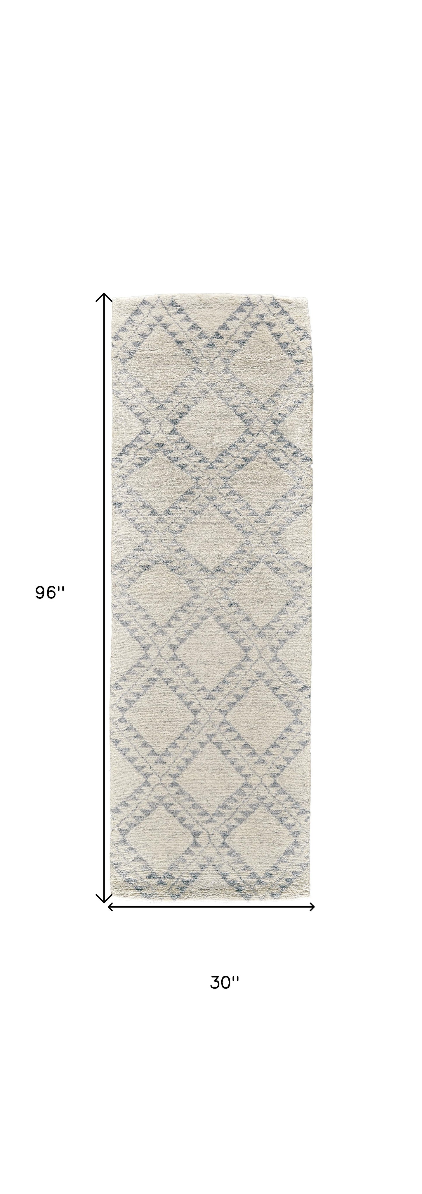 6' X 9' Gray and Ivory Geometric Hand Knotted Worn Faded Area Rug