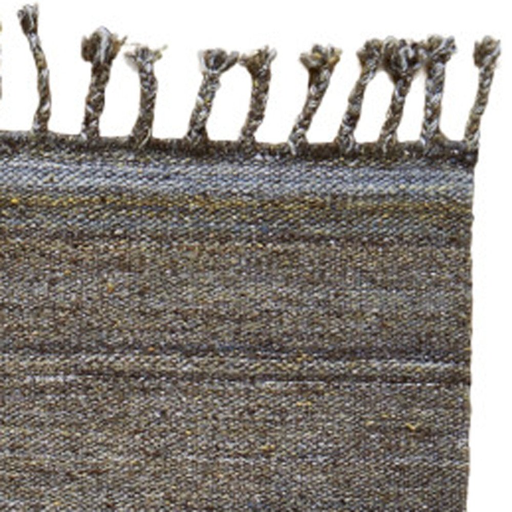 9' X 12' Gray and Green Wool Striped Hand Woven Area Rug With Fringe