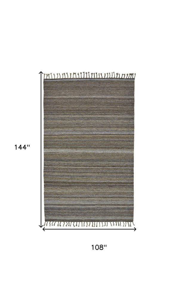 9' X 12' Gray and Green Wool Striped Hand Woven Area Rug With Fringe