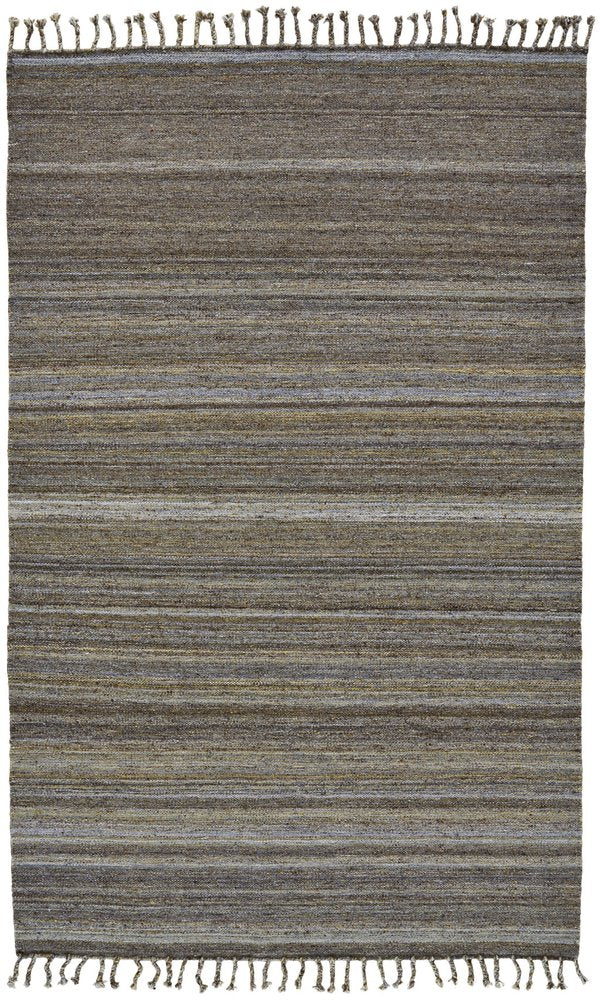 9' X 12' Gray and Green Wool Striped Hand Woven Area Rug With Fringe