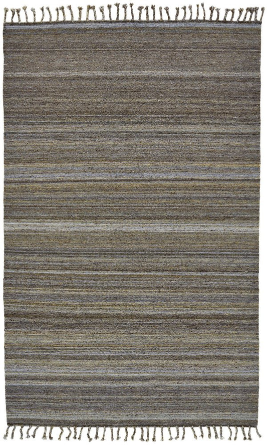 9' X 12' Gray and Green Wool Striped Hand Woven Area Rug With Fringe
