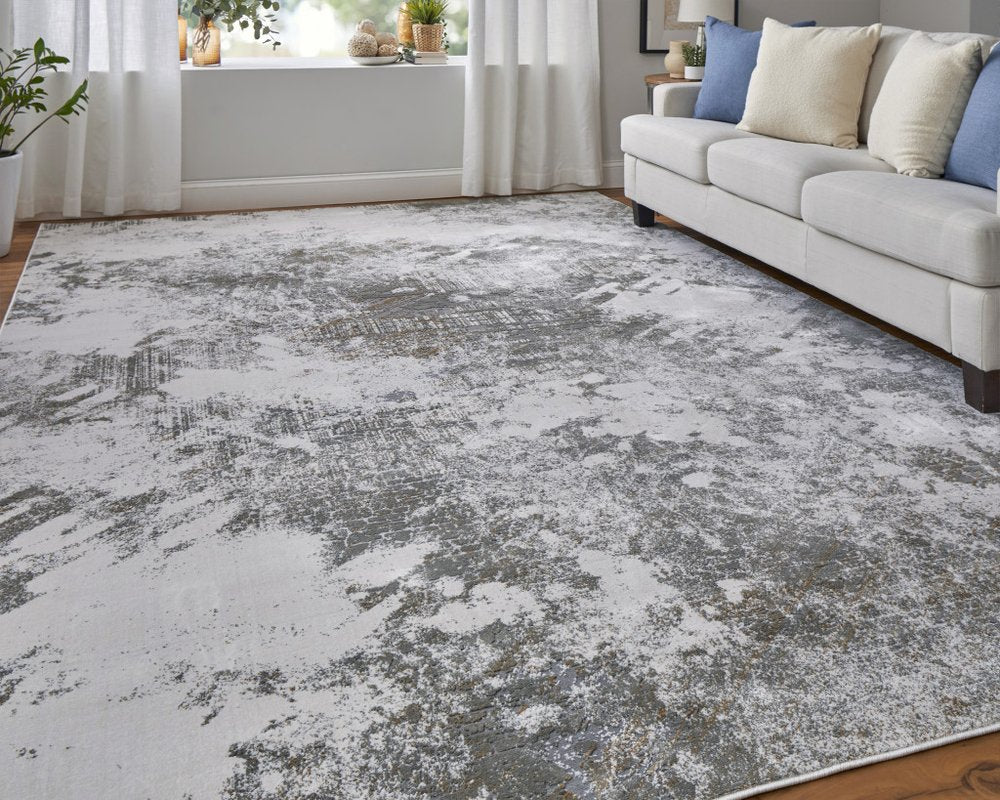 5' X 8' Gray and Silver Abstract Power Loom Worn Faded Area Rug