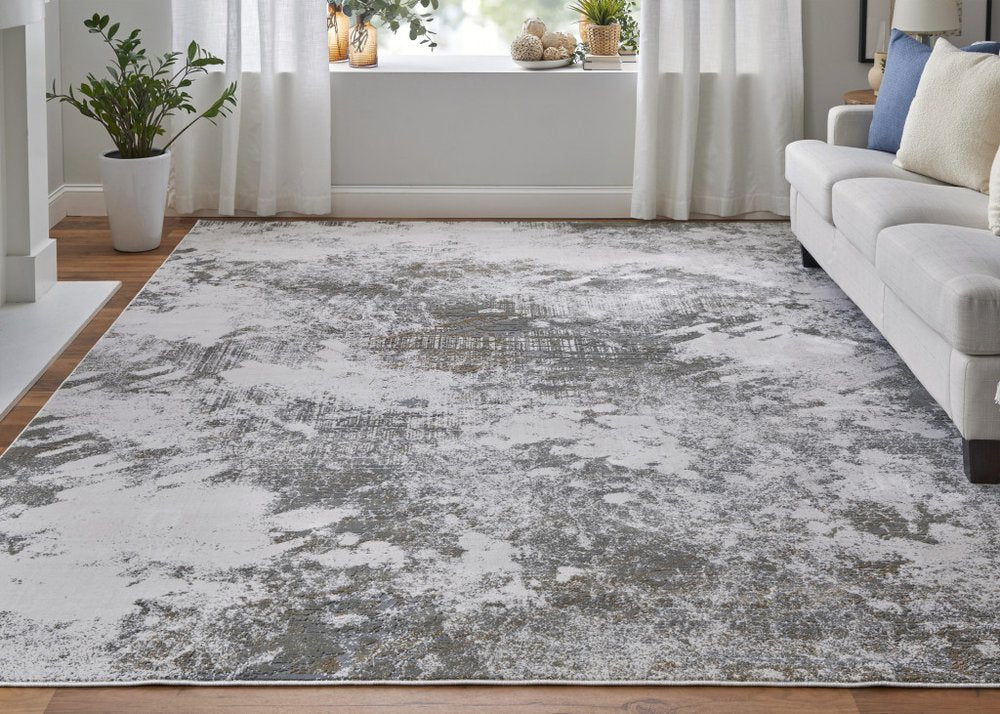 5' X 8' Gray and Silver Abstract Power Loom Worn Faded Area Rug
