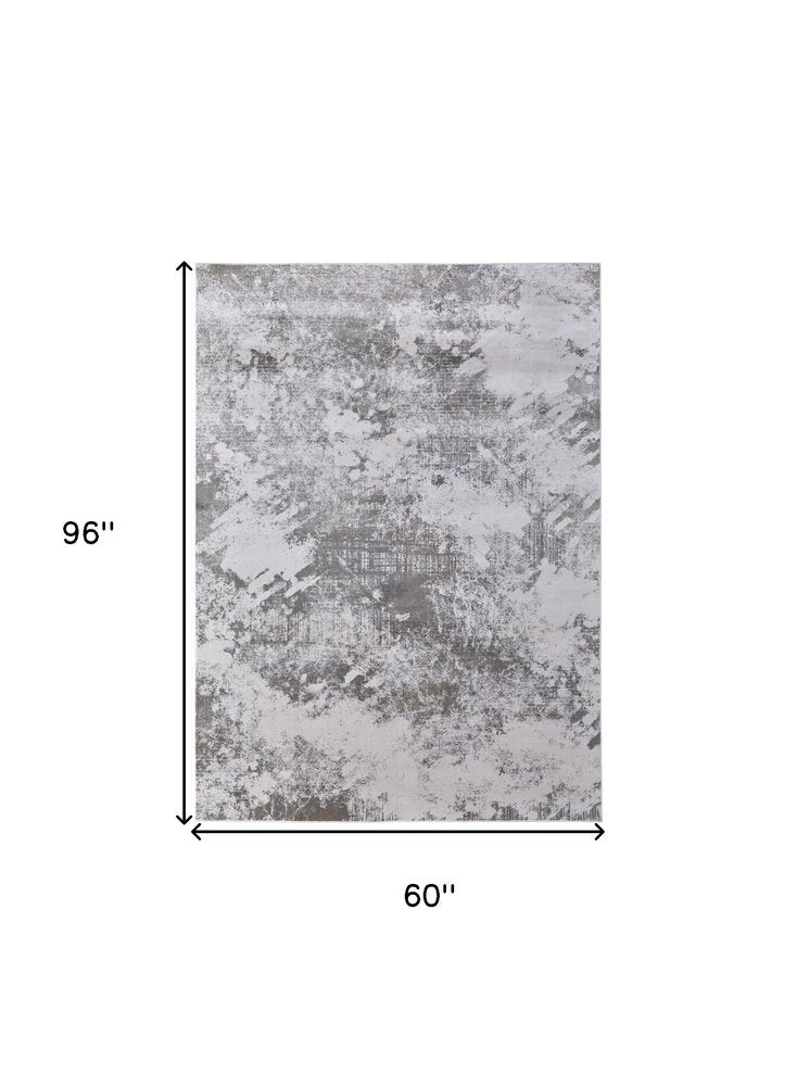 5' X 8' Gray and Silver Abstract Power Loom Worn Faded Area Rug