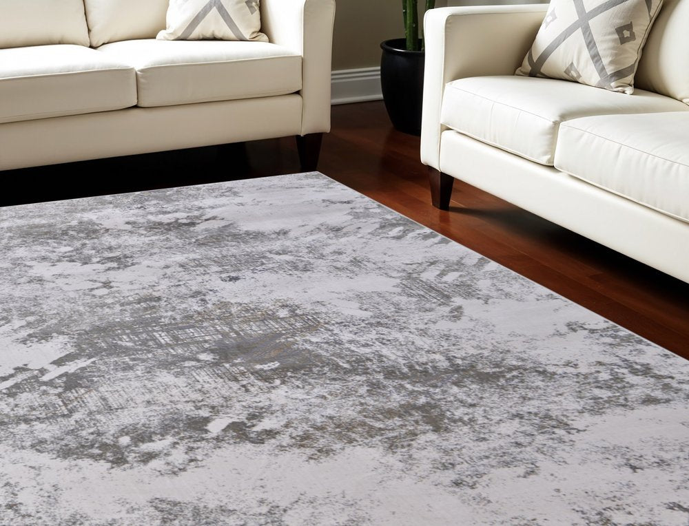 5' X 8' Gray and Silver Abstract Power Loom Worn Faded Area Rug