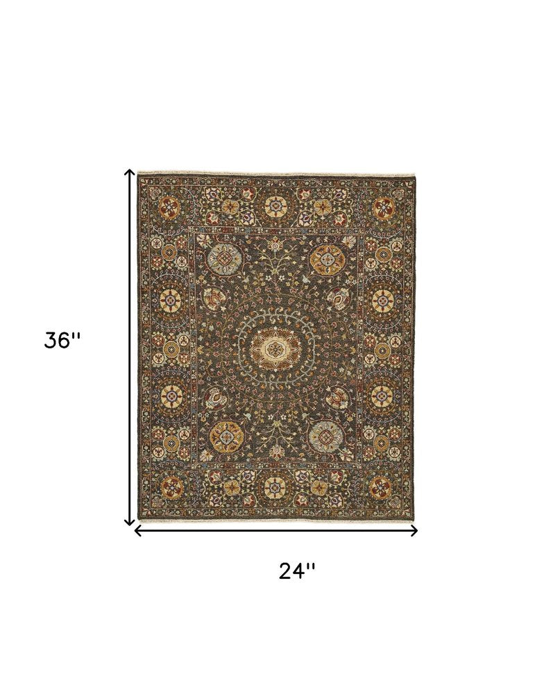 2' X 3' Brown and Gold Wool Geometric Hand Knotted Area Rug