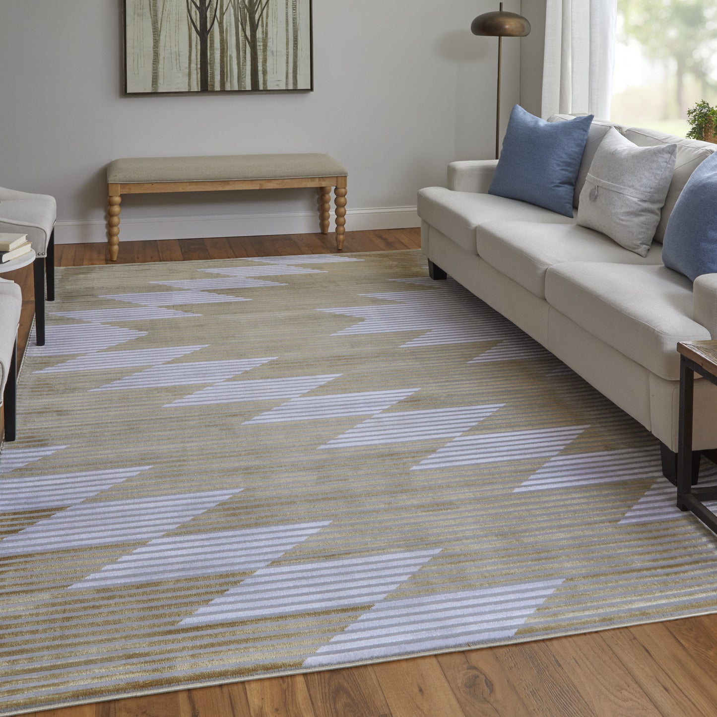10' X 13' White Gray and Gold Geometric Power Loom Area Rug