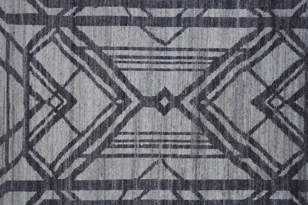 5' X 8' Gray And Blue Wool Geometric Hand Knotted Area Rug
