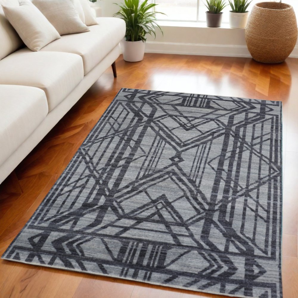 5' X 8' Gray And Blue Wool Geometric Hand Knotted Area Rug