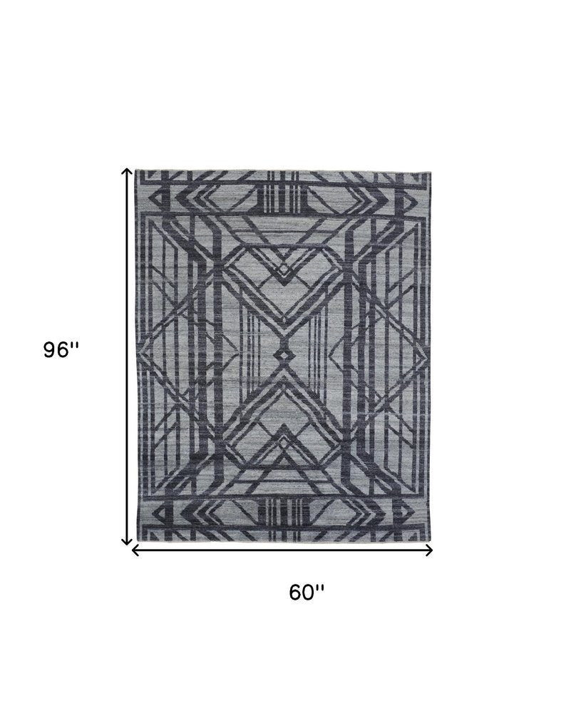 5' X 8' Gray And Blue Wool Geometric Hand Knotted Area Rug