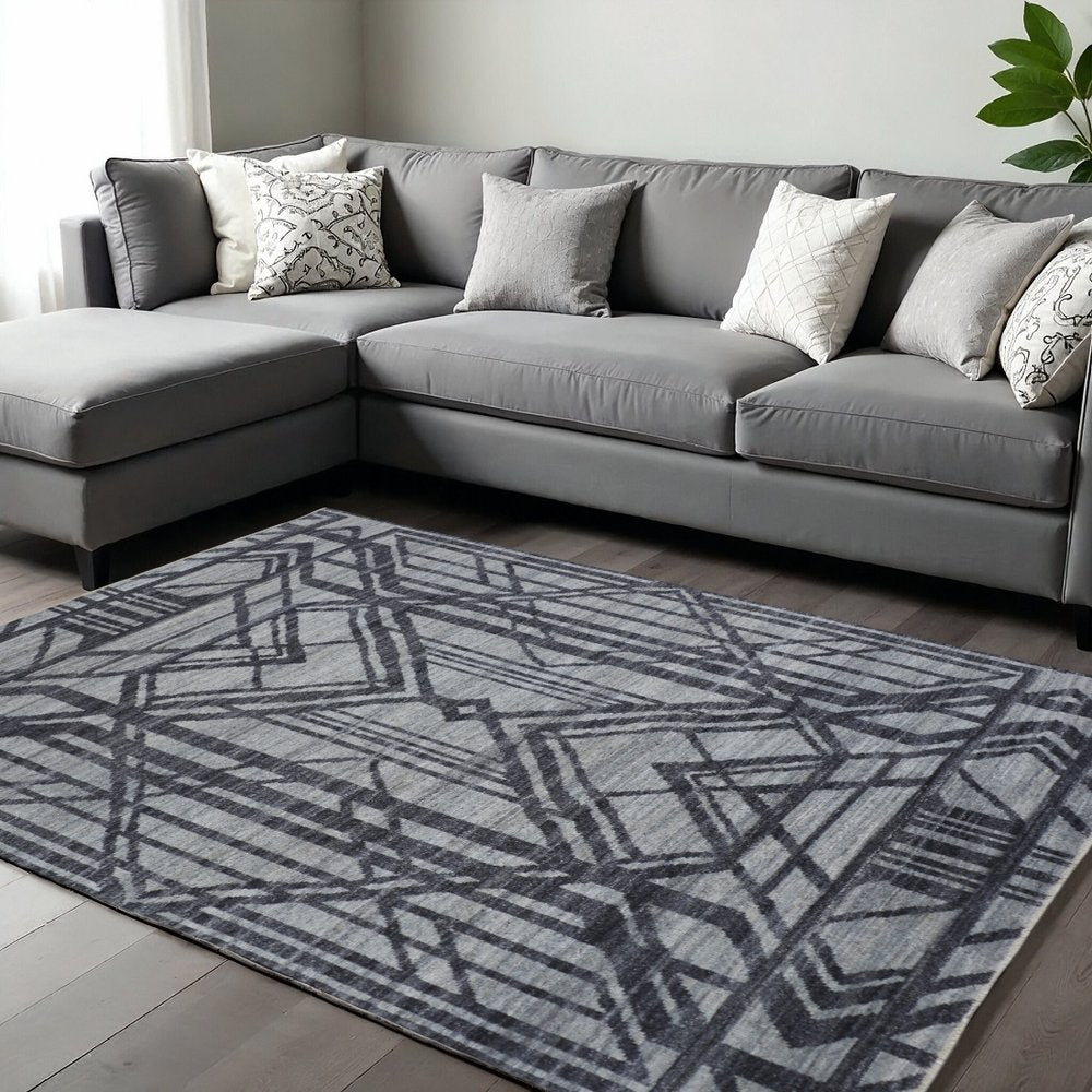 5' X 8' Gray And Blue Wool Geometric Hand Knotted Area Rug