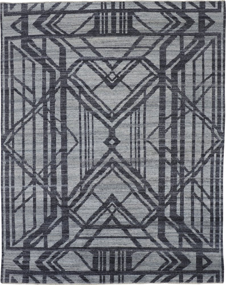 5' X 8' Gray And Blue Wool Geometric Hand Knotted Area Rug