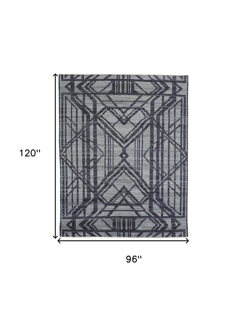 5' X 8' Gray And Blue Wool Geometric Hand Knotted Area Rug