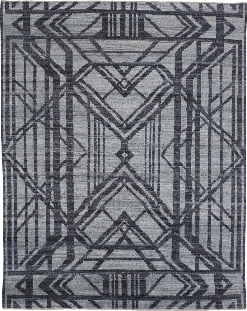 5' X 8' Gray And Blue Wool Geometric Hand Knotted Area Rug